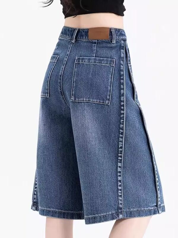 High Waist Denim Shorts Women's Summer Thin Loose Wide Leg Five-Point Pants Retro Straight Cut Mid-Length Casual Zipper Style