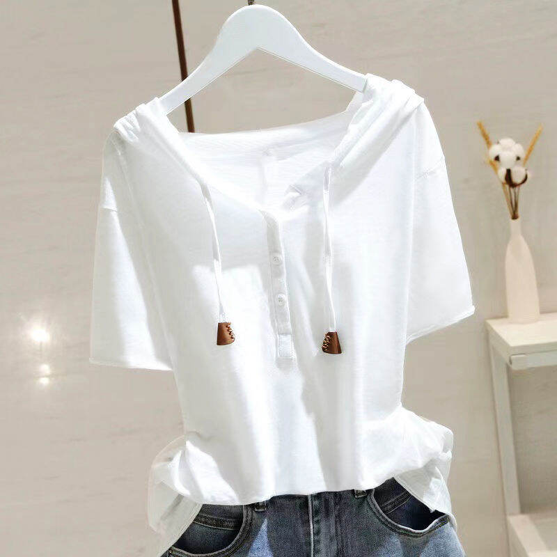 Loose Korean Style Women's T-Shirt with Hood Short Sleeve White Summer New Style Slimming Cover Belly Trendy Top
