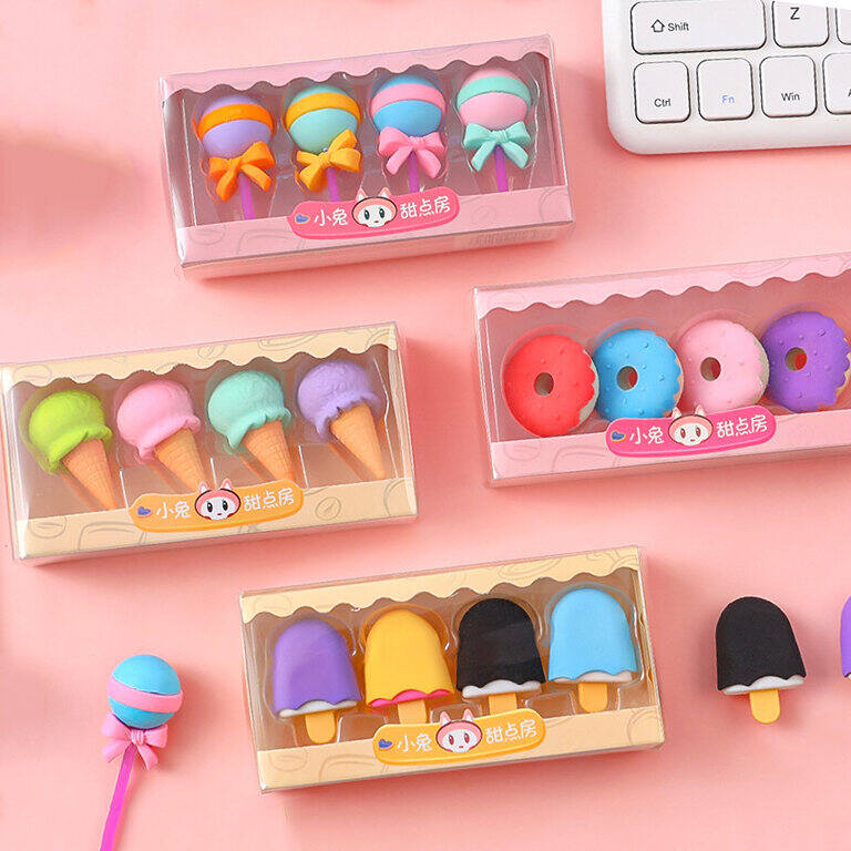 4 Pcs/set Pemadam Siri Pencuci Mulut Kartun Mini Comel Ais Krim Lollipop Pemadam Pensel Getah Untuk Pelajar Kanak-kanak Alat Tulis Sekolah