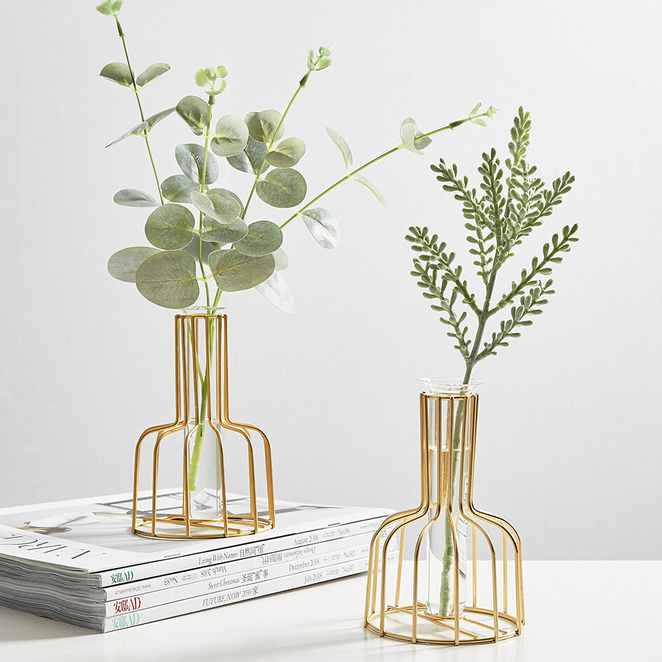 Metal vase glass container hydroponic plant vase metal plant stand simple style home decoration