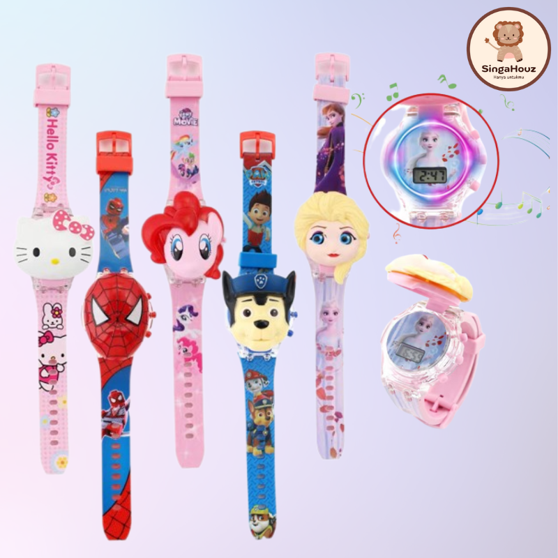 Jam tangan budak carton design colourful light music digital watch kanak boys girls cute