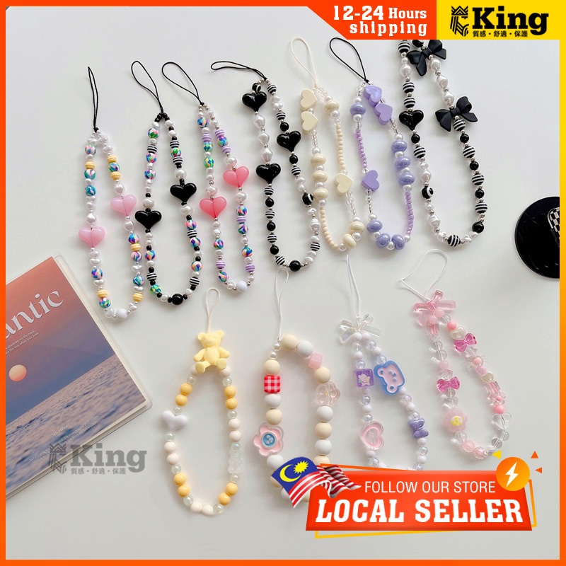 Flowers Heart Love Key Chain DIY Bracelet Pearl Short Wrist Strap Creative Fashion Mobile Phone Case Anti-lost Lanyard