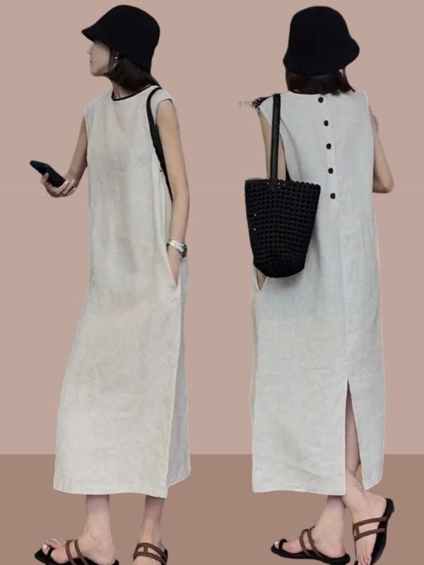 Elegant White Sleeveless Split Back Dress Women's Fashionable Summer 2025 New Style A-Line Skirt Standard Fit City Commute