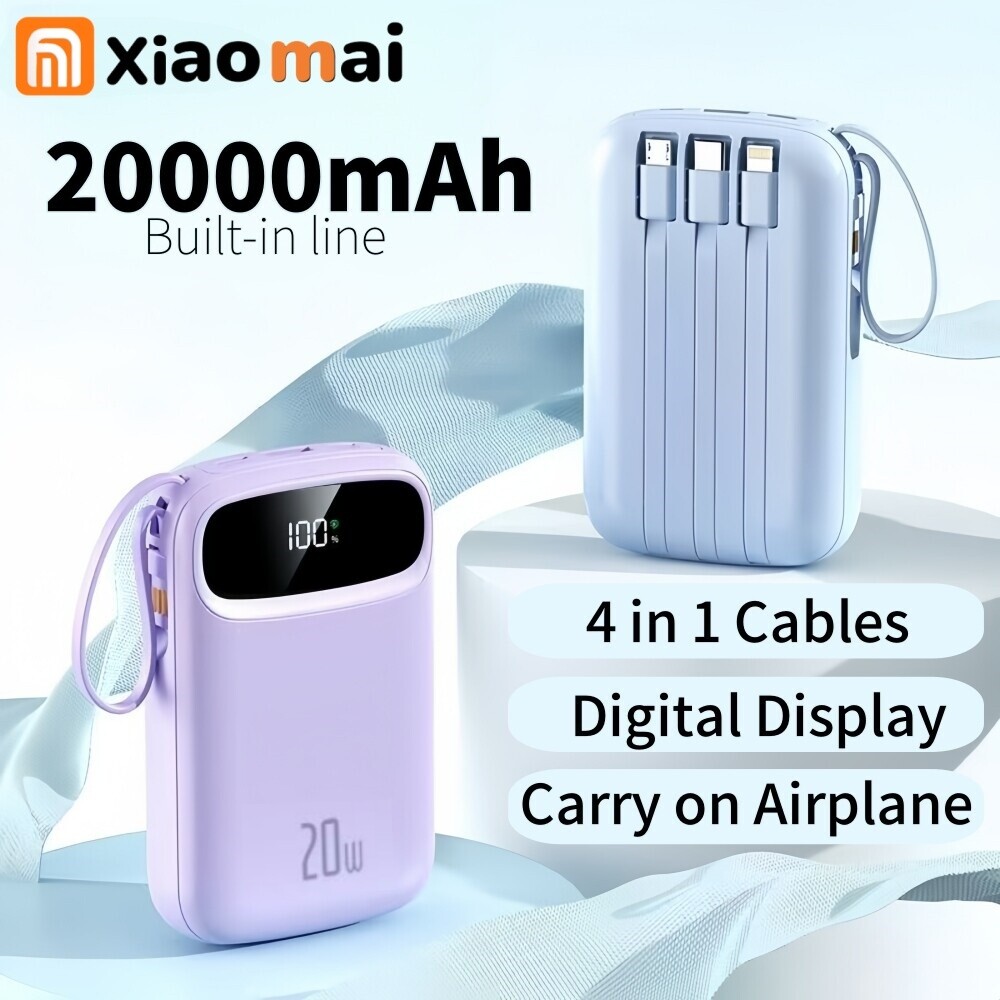 Xiaomai Power Bank PD Fast Charging Built In Dual-Cable Digital Display For Phone 20000mAh 20W Portable outdoor mini power bank 