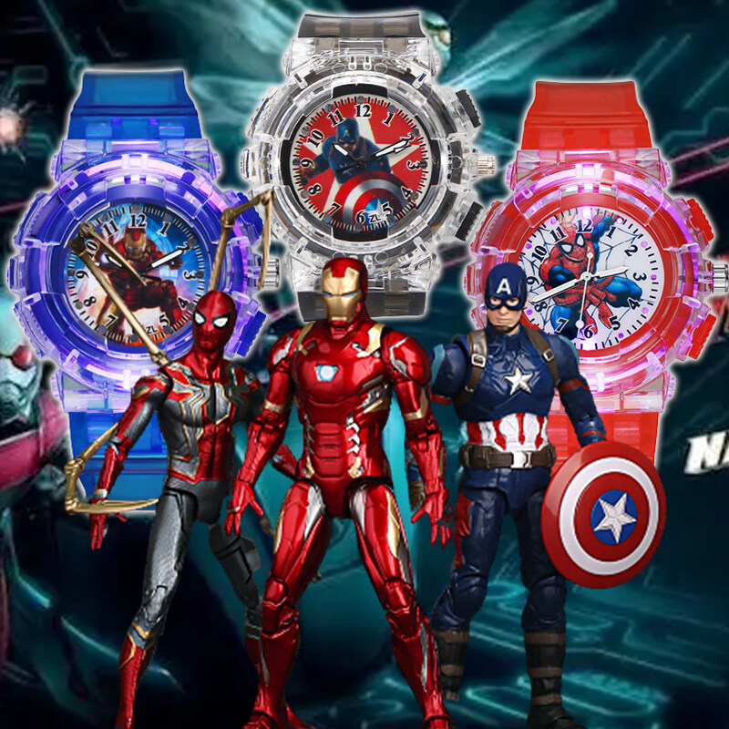 [ sanheZ]MARVEL Iron-Man Spider Man Captain-America Watch Cute Cartoon Watch Color Glowing Children's Watch Boys Christmas Gift Sports Cool Anti-fall Glowing Quartz Watch