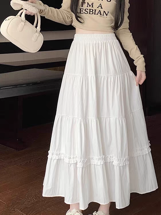 White A-Line Midi Skirt Women's Puffy Cute Slimming Pleated Umbrella Skirt Cake Skirt Commute Style High Waist Loose Fit