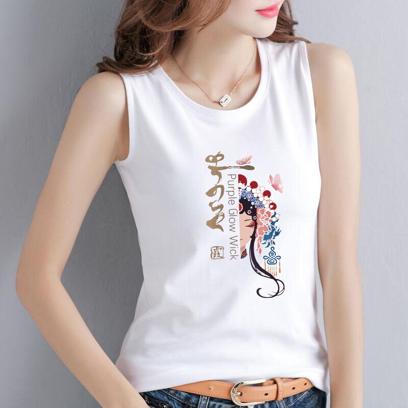 Pure Cotton Summer Sleeveless Vest Women's Anti-Light Loose Fit Base Layer Open-Back Tank Top Printed Fashion Element