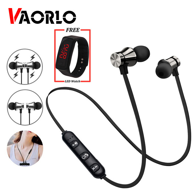 [Free Watch] VAORLO XT11 Magnetic Headphones Wireless Sports Bluetooth 4.2 Earphone Headset Stereo Bass Music Earpieces Mic Headset With Free LED Watch