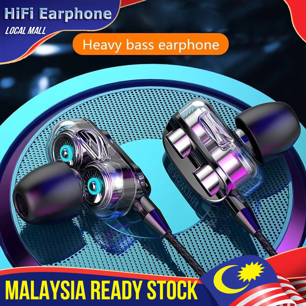 [Double Horn]In-ear Earphone 3.5mm Earbuds Headphone Dual Dynamic Driver HiFi Wired Earphone Quad-core Speaker Stereo Bass Sports Headset Flexible Cable with Microphone Built-in Volume Button