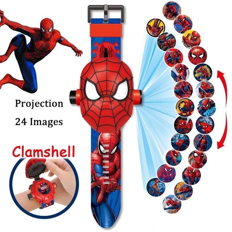 [HOHA]24 Images Disney Spiderman Watch 3D Projection Superheroes Iron Man Hulk Princess Digital Watches Children's Birthday Toys Gifts