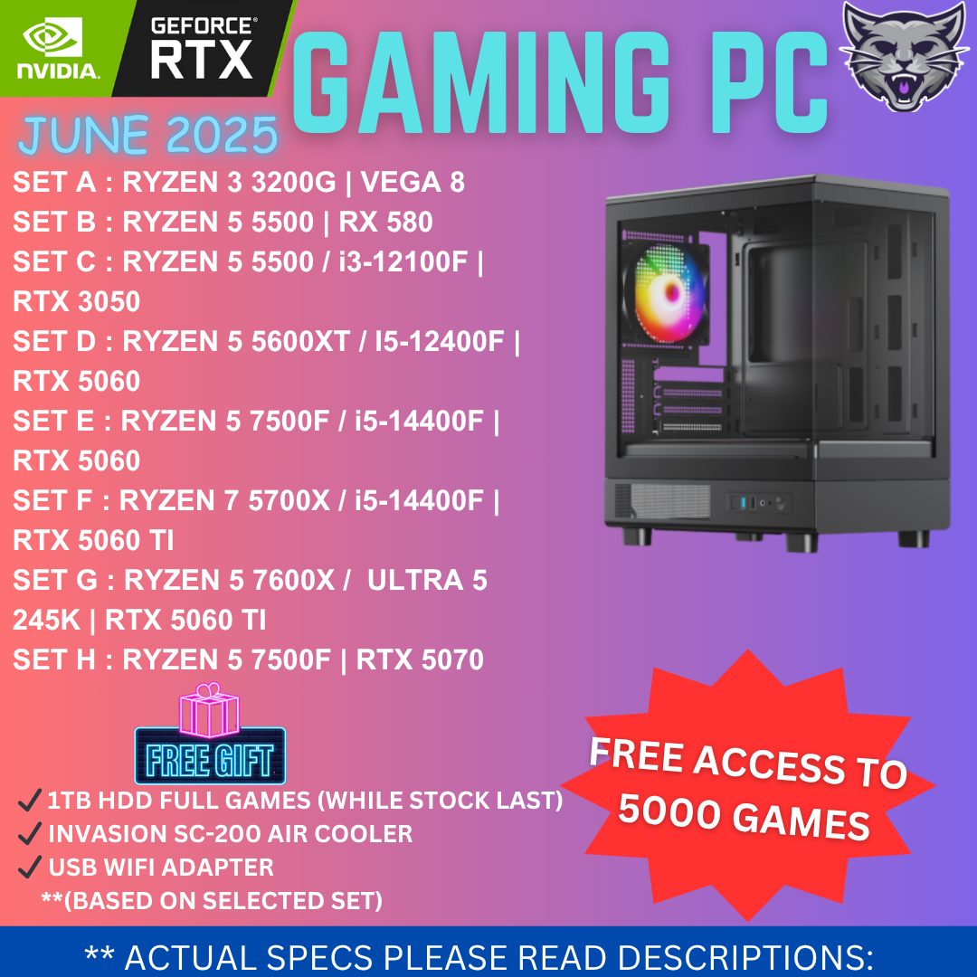 Budget Gaming PC Desktop (FREE 5000 GAMES!!) 2025 with Intel / Ryzen 5 / RTX 3060 3070 4060 4070 / High Spec PUBG Fullset 24" Monitor
